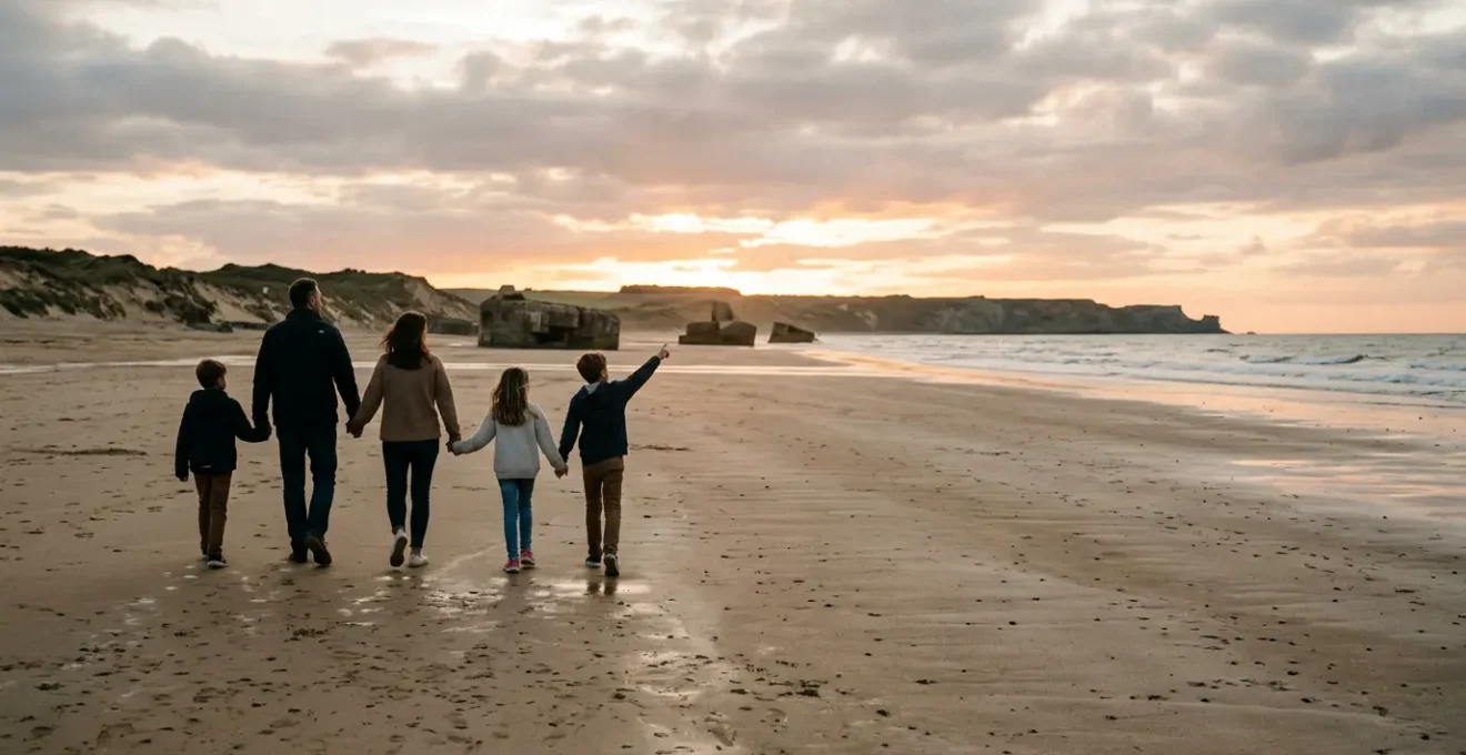 Famille avec enfants explorant les plages historiques du Debarquement en Normandie sous un ciel nuageux