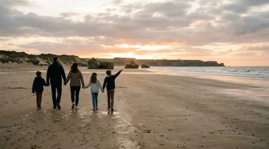 Famille avec enfants explorant les plages historiques du Debarquement en Normandie sous un ciel nuageux