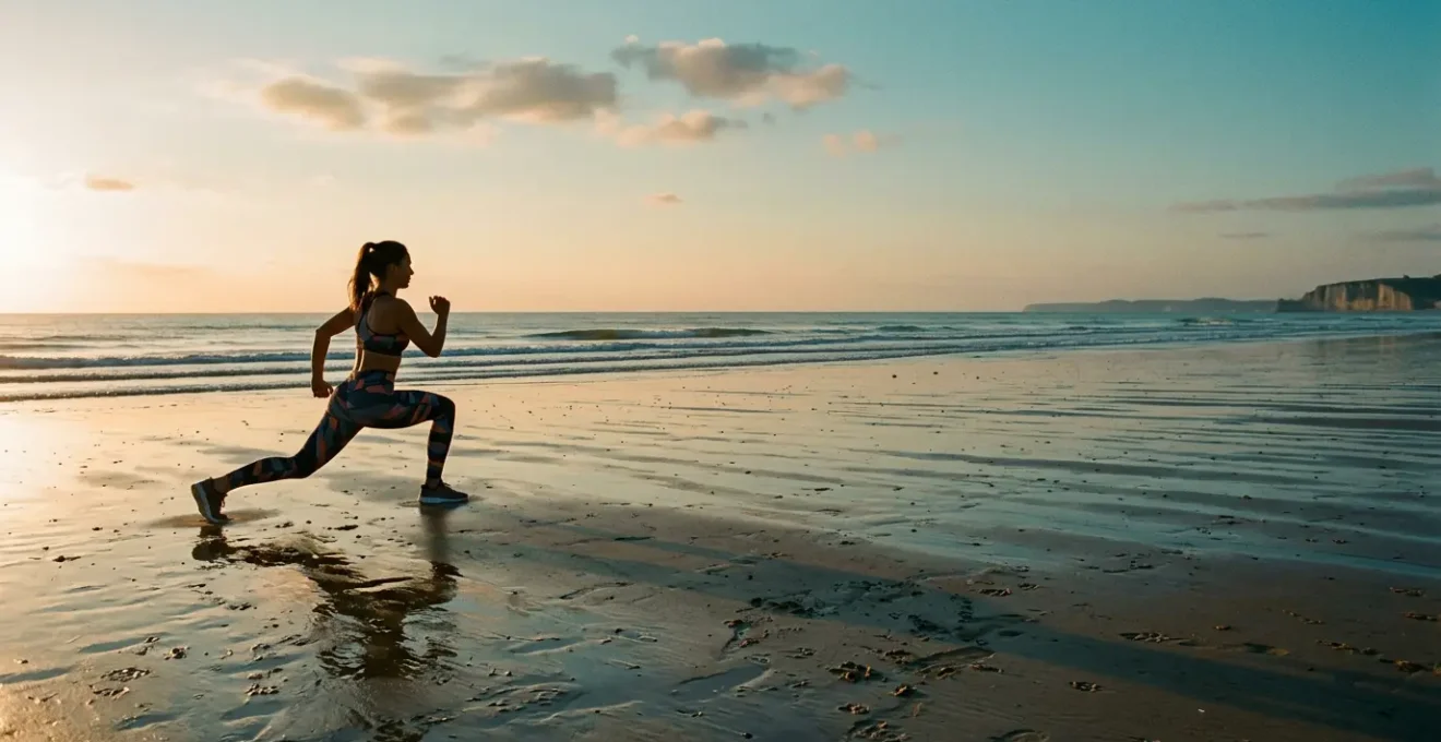 Athlète pratiquant des exercices de fitness sur une plage de Normandie au lever du soleil, avec vue panoramique sur la mer