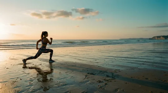 Athlète pratiquant des exercices de fitness sur une plage de Normandie au lever du soleil, avec vue panoramique sur la mer