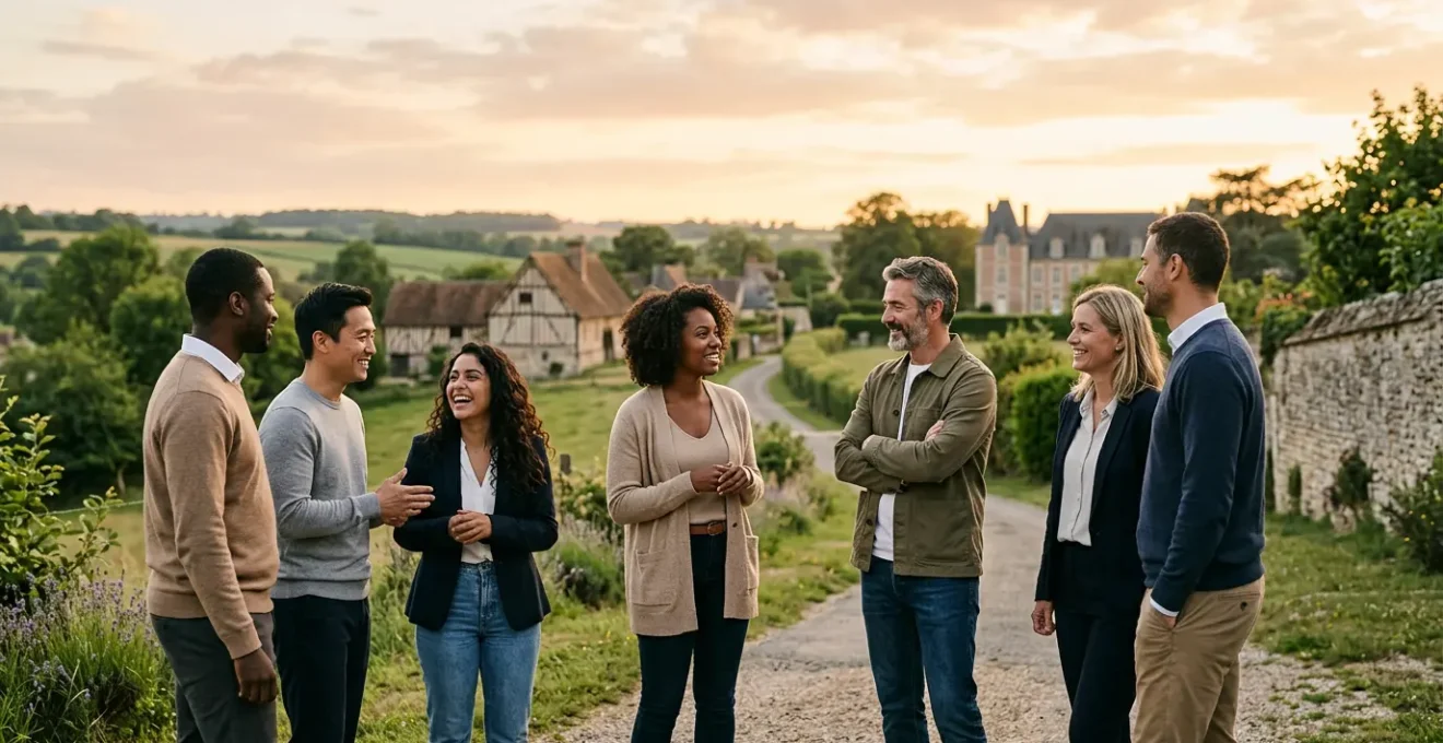 Équipe professionnelle se rassemblant dans un cadre normand paisible après un conflit