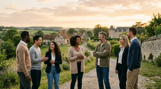 Équipe professionnelle se rassemblant dans un cadre normand paisible après un conflit