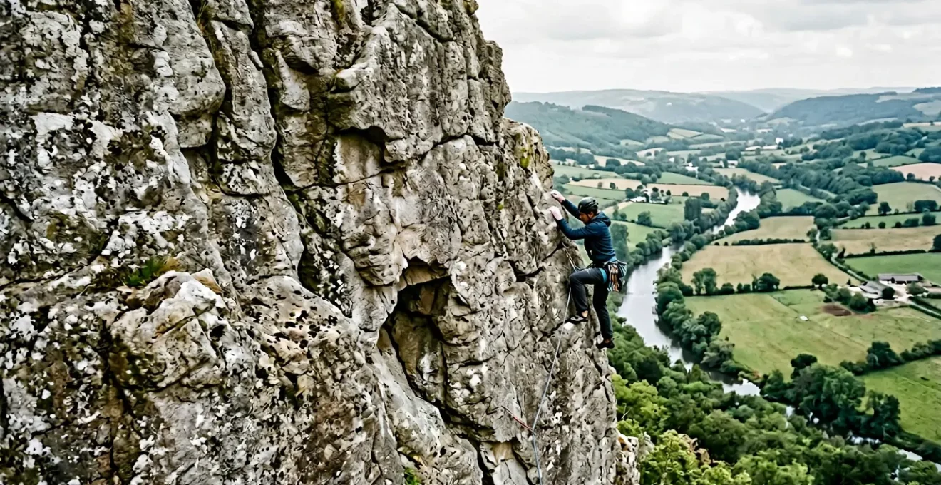Grimpeur en action sur les rochers de schiste en Suisse Normande avec vue sur la vallée de l'Orne