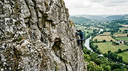Grimpeur en action sur les rochers de schiste en Suisse Normande avec vue sur la vallée de l'Orne