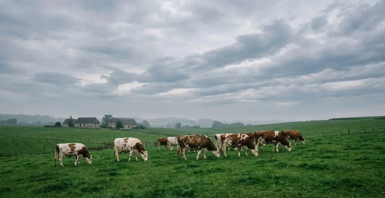 Paysage pastoral du Pays d'Auge avec vaches normandes dans les herbages verdoyants