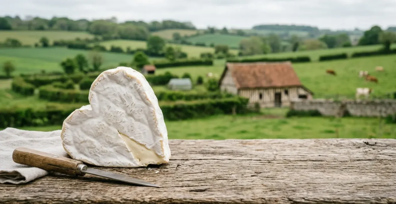 Fromage Neufchâtel en forme de cœur sur une table en bois rustique normande avec paysage du Pays de Bray en arrière-plan