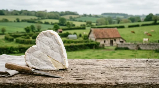 Fromage Neufchâtel en forme de cœur sur une table en bois rustique normande avec paysage du Pays de Bray en arrière-plan