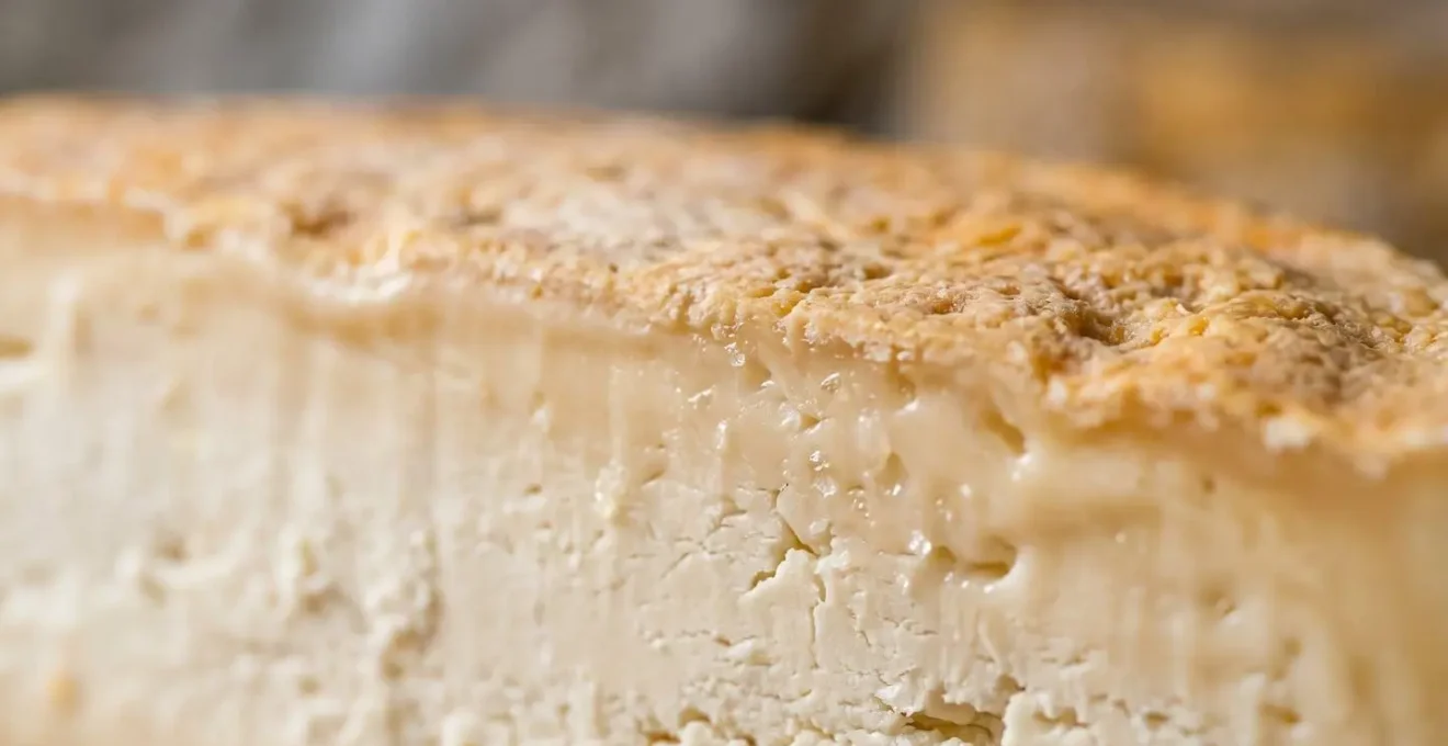 Détail macro d'un fromage normand AOP en cours d'affinage révélant sa texture crémeuse et sa croûte naturelle