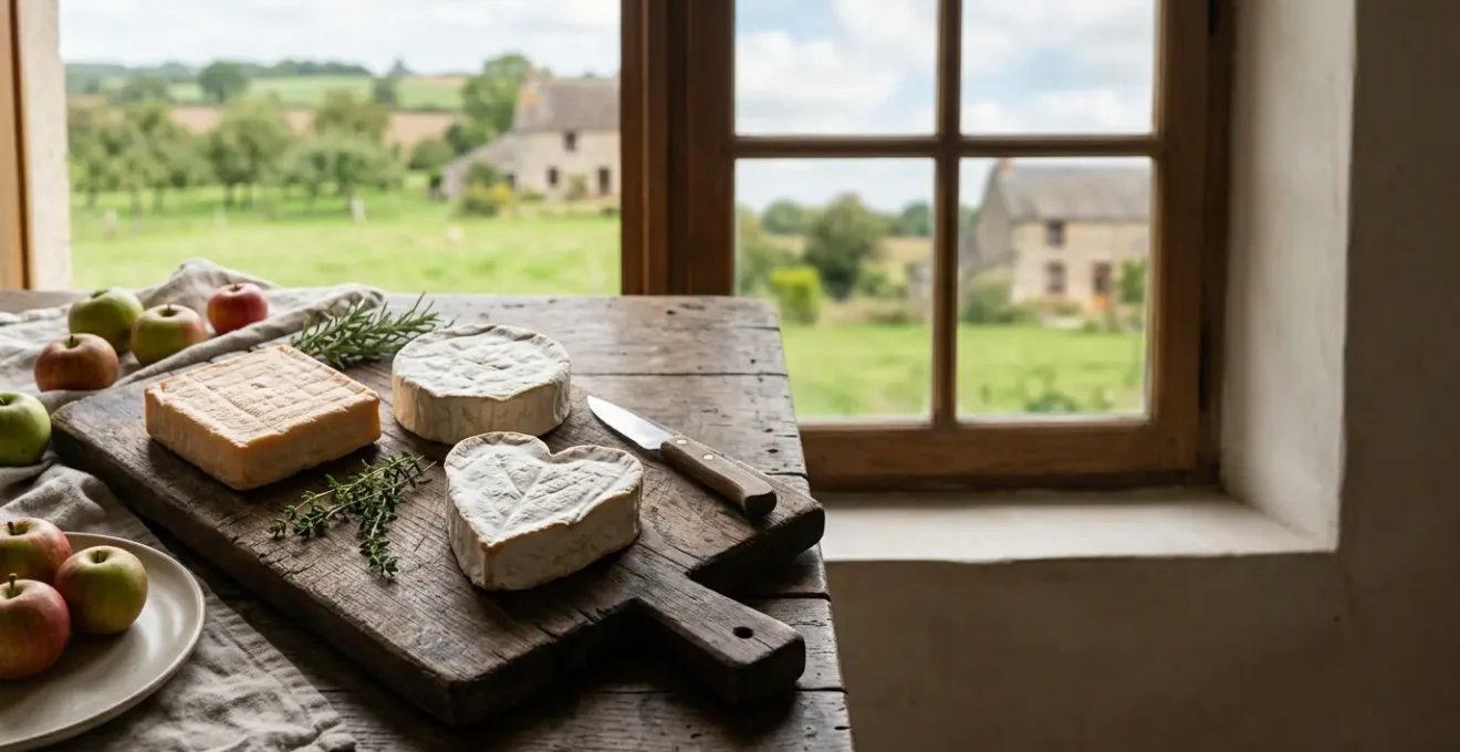 Plateau de fromages normands avec Pont-l'Évêque, Camembert, et Neufchâtel sur fond rustique normand