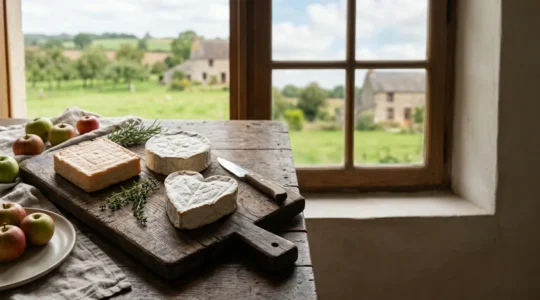 Plateau de fromages normands avec Pont-l'Évêque, Camembert, et Neufchâtel sur fond rustique normand