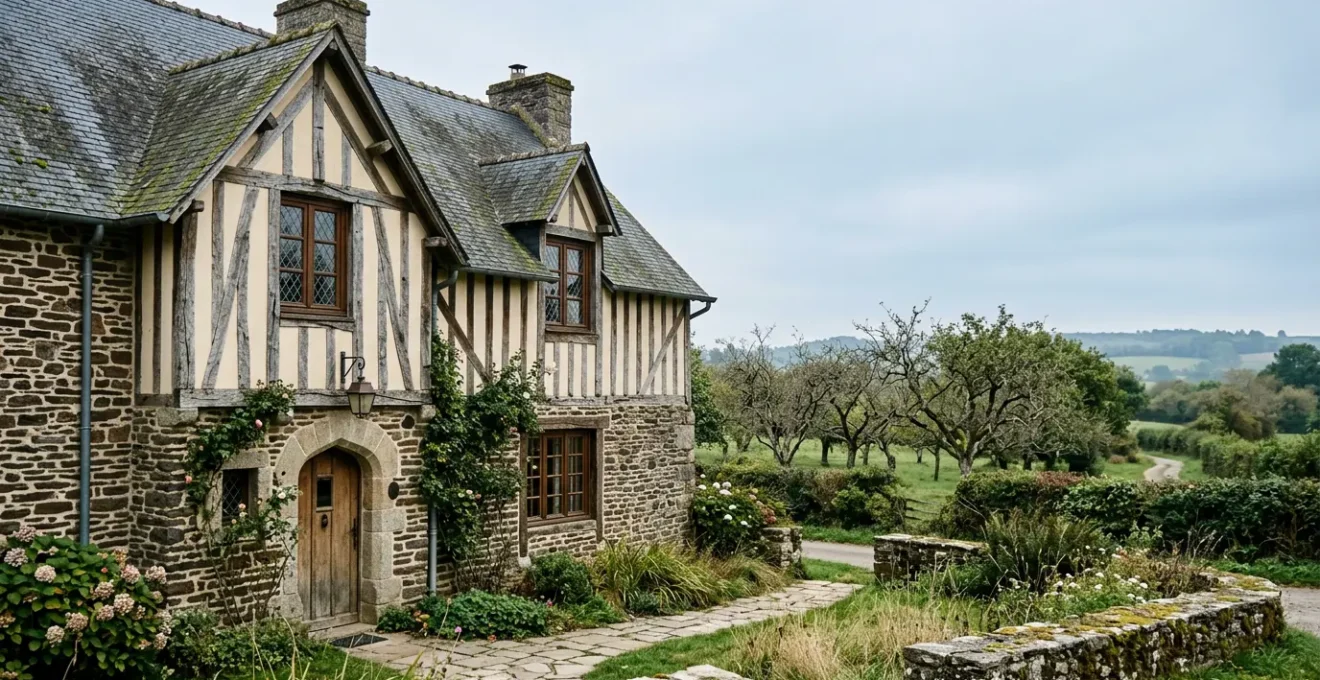 Détail architectural d'un authentique hôtel de charme normand illustrant le patrimoine hôtelier de Normandie