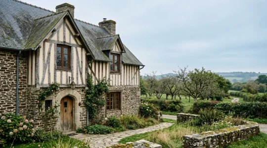 Détail architectural d'un authentique hôtel de charme normand illustrant le patrimoine hôtelier de Normandie