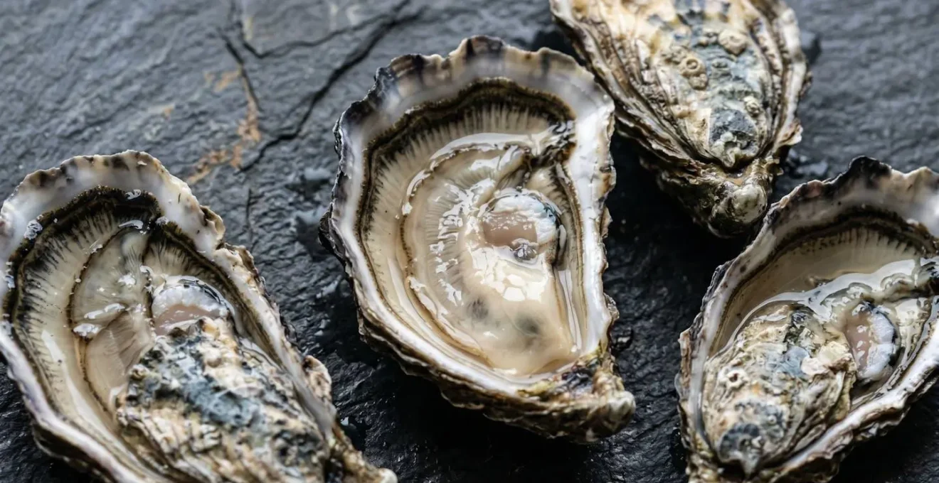 Macro photographique détaillant la texture et la coquille d'huîtres normandes fraîches