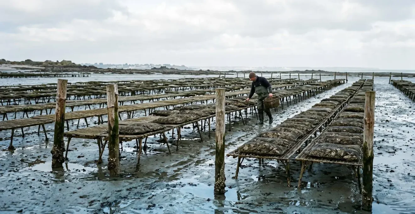 Parcs à huîtres normands à marée basse révélant les tables ostréicoles et l'estran caractéristique de la Baie des Veys