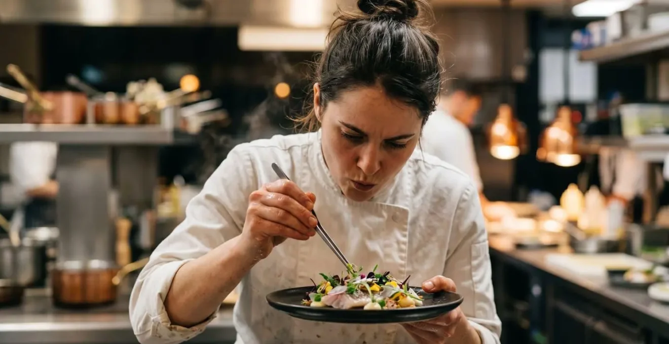 Jeune chef concentré travaillant avec précision dans une cuisine ouverte moderne