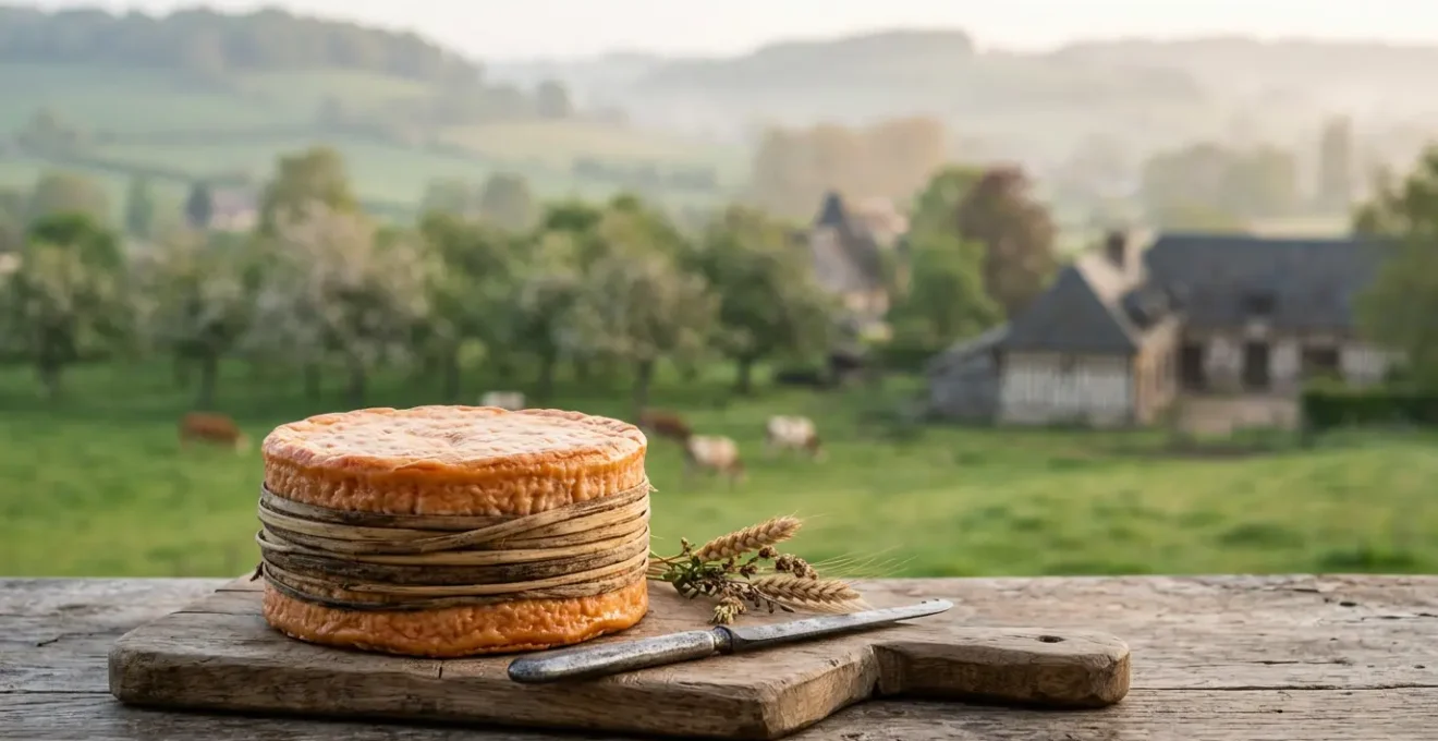 Fromage Livarot AOP normand cerclé de laîches naturelles sur fond de paysages du Pays d'Auge