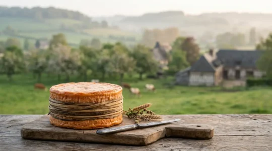 Fromage Livarot AOP normand cerclé de laîches naturelles sur fond de paysages du Pays d'Auge