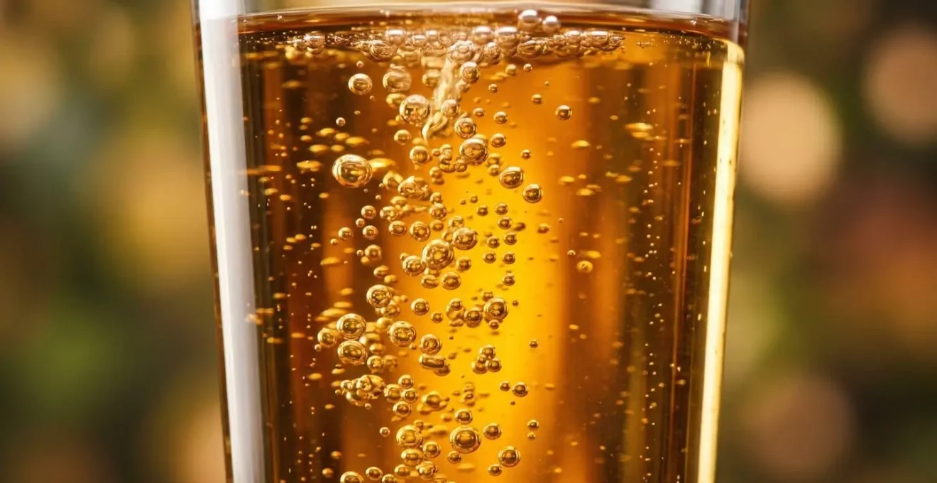 Macro photographie des bulles fines de cidre lors de la fermentation naturelle en bouteille