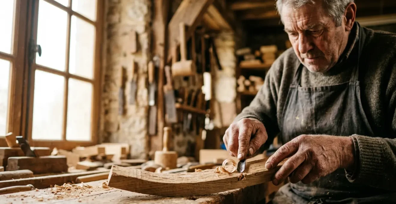 Mains d'artisan normand façonnant une pièce de bois dans son atelier traditionnel