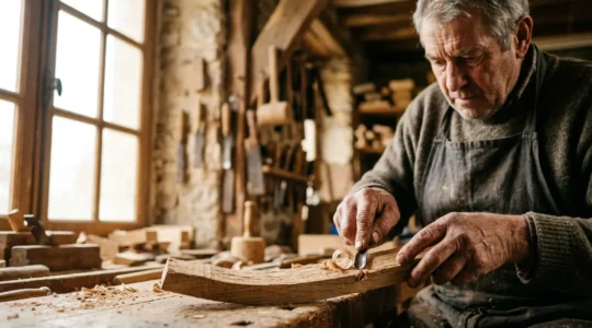 Mains d'artisan normand façonnant une pièce de bois dans son atelier traditionnel