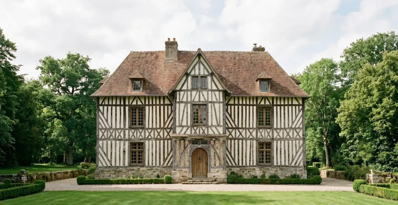 Façade d'un manoir normand du XVIIIe siècle avec colombages et parc verdoyant en arrière-plan