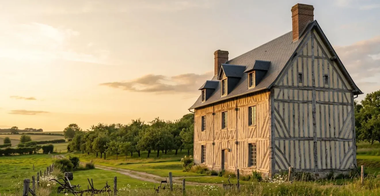 Manoir à colombages du Pays d'Auge baigné dans la lumière dorée de fin d'après-midi révélant les textures du bois ancien