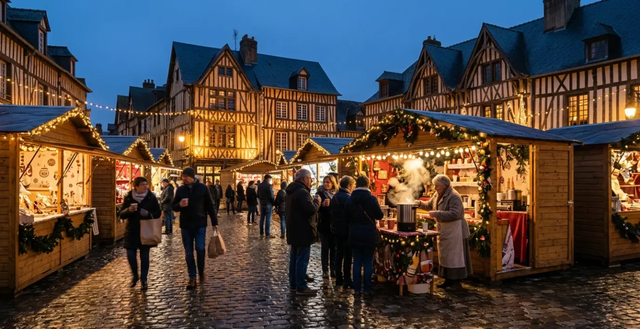 Chalets illuminés d'un marché de Noël normand avec ambiance féerique et chaleureuse