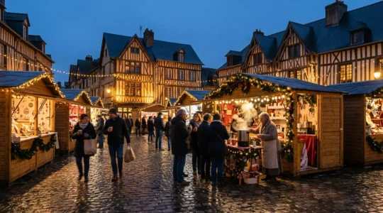 Chalets illuminés d'un marché de Noël normand avec ambiance féerique et chaleureuse
