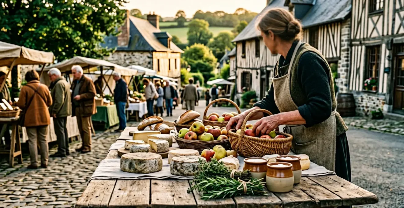 Étal de marché normand avec fromages artisanaux, pommes du terroir et produits fermiers authentiques