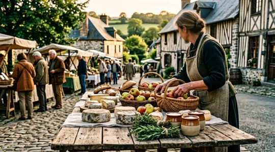 Étal de marché normand avec fromages artisanaux, pommes du terroir et produits fermiers authentiques