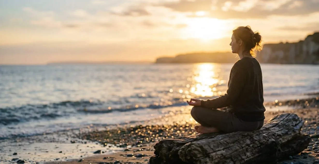 Silhouette d'une personne en position de méditation face au coucher de soleil sur une plage normande