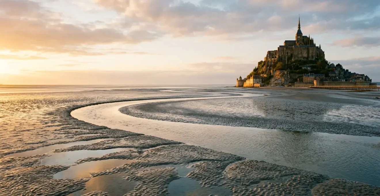 Le Mont-Saint-Michel émergeant de sa baie lors d'une grande marée en Normandie