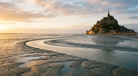 Le Mont-Saint-Michel émergeant de sa baie lors d'une grande marée en Normandie
