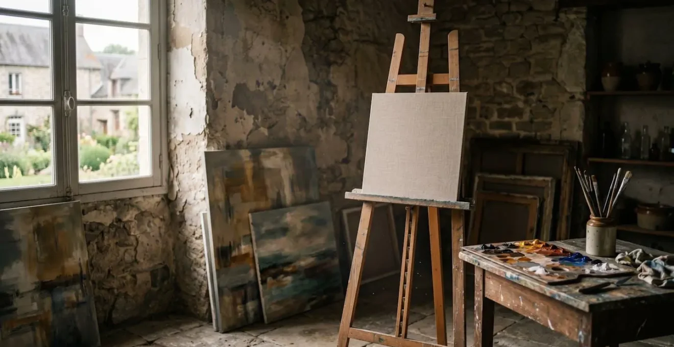 Intérieur d'atelier d'artiste normand avec œuvres et lumière naturelle