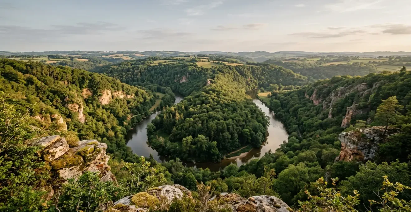 Vue panoramique sur les gorges verdoyantes et les reliefs vallonnés de la Suisse Normande avec la rivière Orne serpentant au fond de la vallée