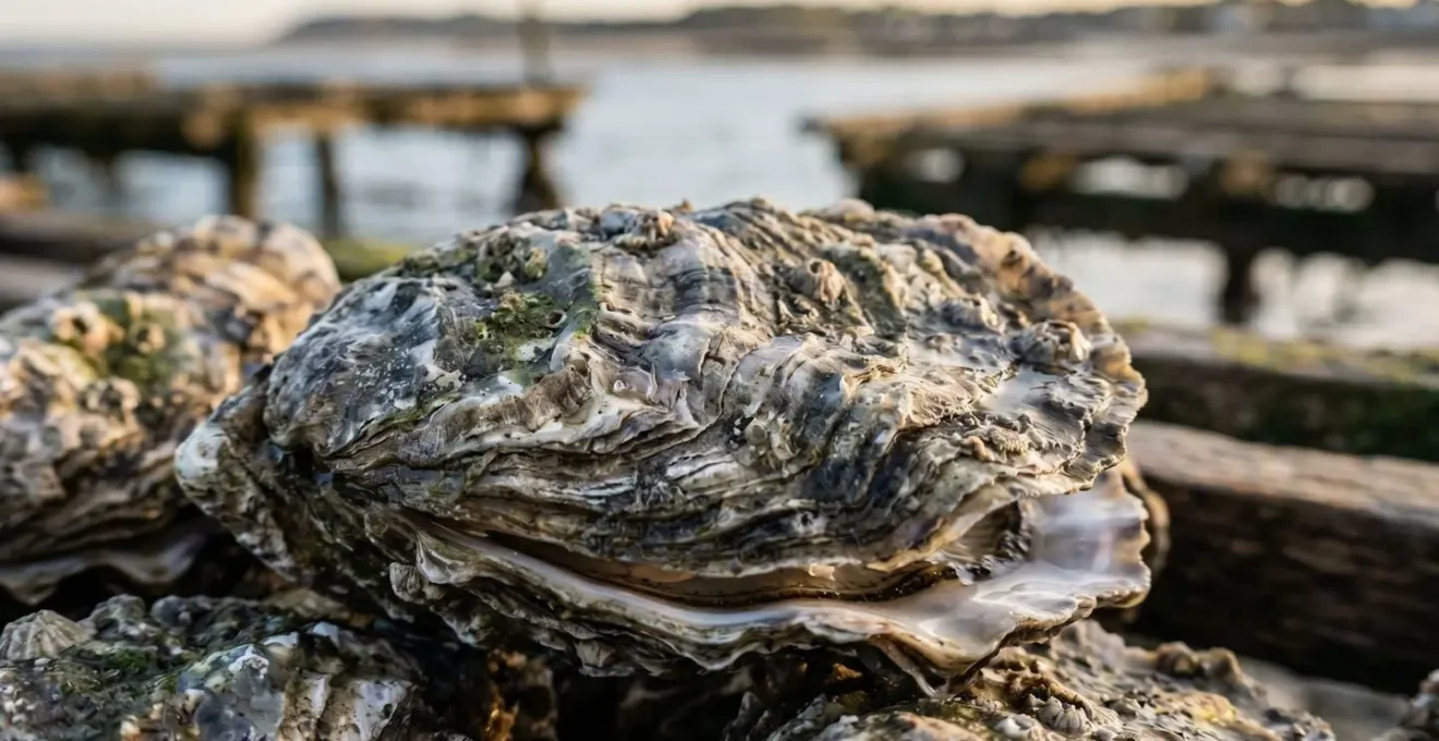 Parcs à huîtres découverts à marée basse avec tables ostréicoles en Normandie