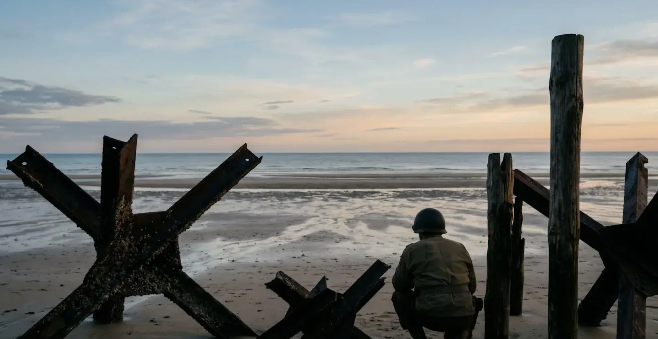 Vue à hauteur d'homme depuis une plage de Normandie montrant l'horizon et l'atmosphère du débarquement