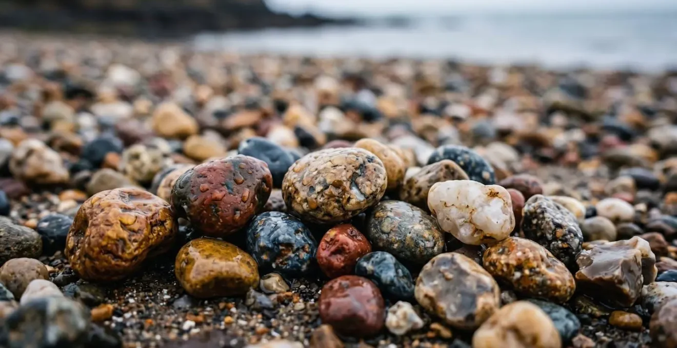 Gros plan macro sur les galets multicolores d'une plage normande après une averse, avec des gouttes d'eau révélant les textures et couleurs éclatantes