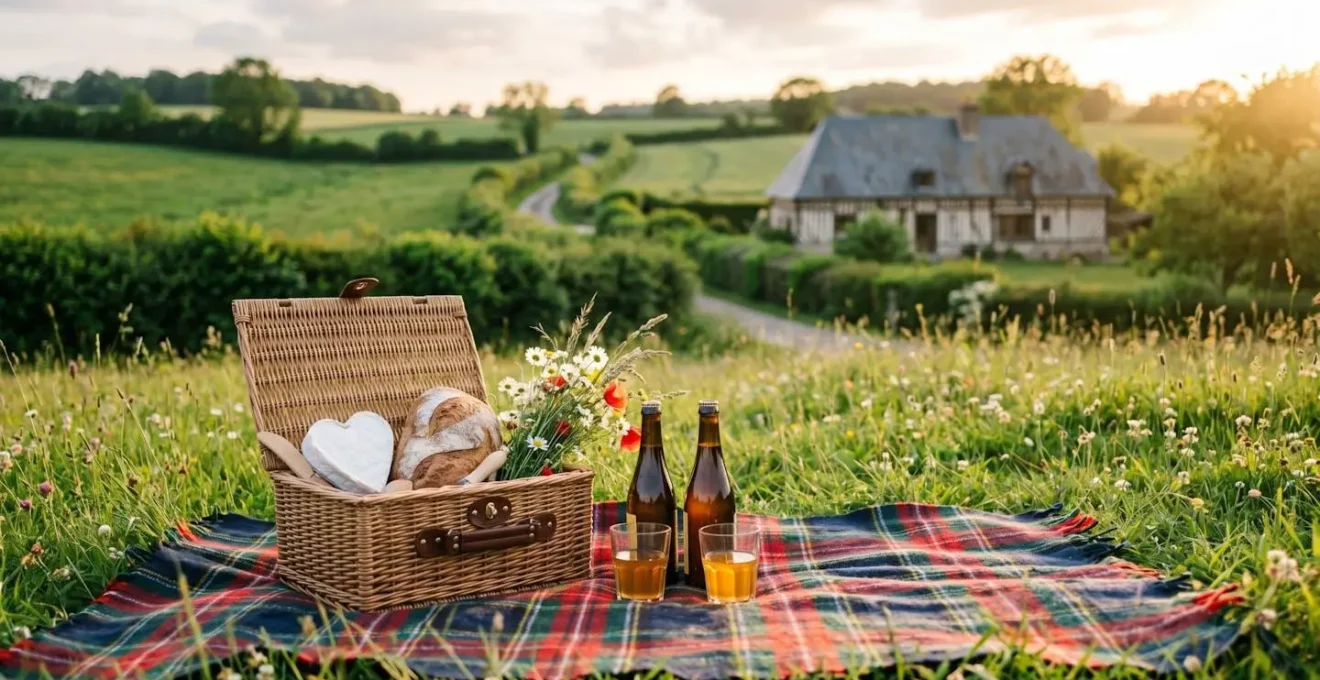 Scène de pique-nique romantique dans un pré normand avec panier en osier, Neufchâtel et cidre sur une couverture