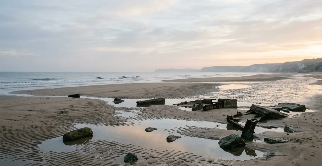 Vue panoramique d'une plage normande au lever du soleil avec vestiges historiques visibles dans le sable