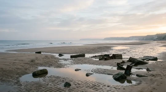 Vue panoramique d'une plage normande au lever du soleil avec vestiges historiques visibles dans le sable