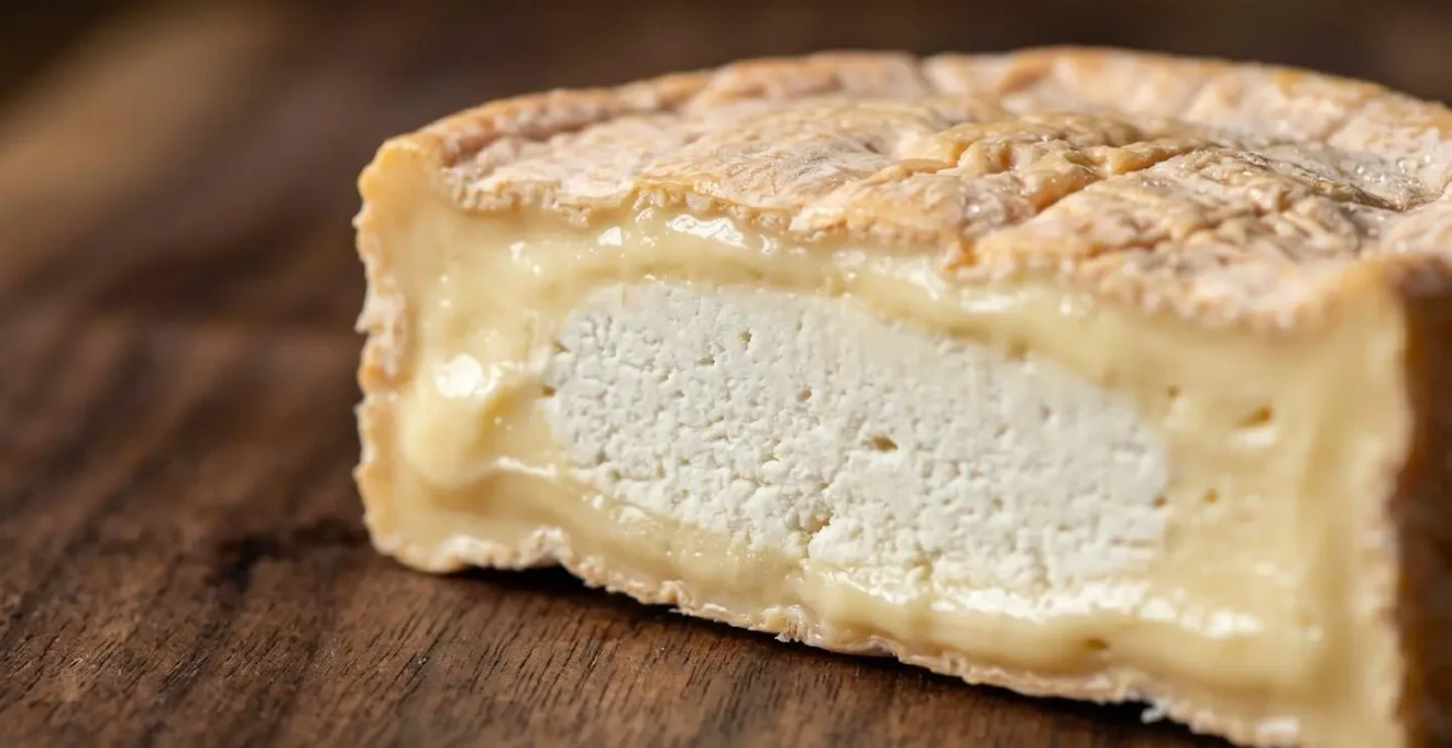 Gros plan sur la texture crémeuse d'un fromage Pont-l'Évêque révélant la différence entre cœur crayeux et cœur fondant