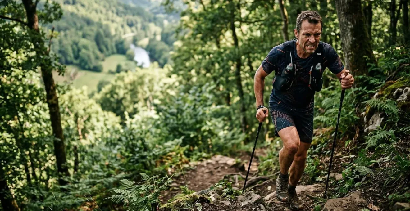 Athlète en plein effort sur un sentier vallonné de la Suisse Normande, environnement boisé et vallées verdoyantes