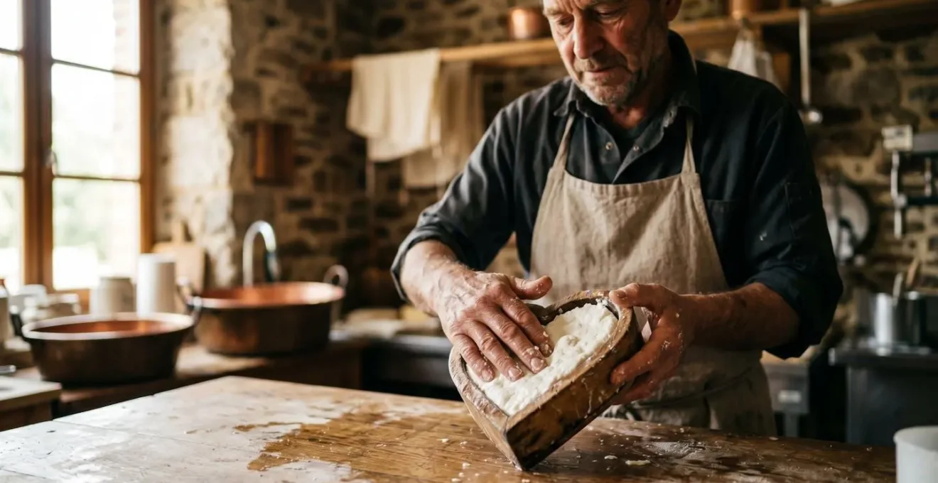 Mains d'un artisan fromager normand moulant à la main la pâte de Neufchâtel dans un moule en forme de cœur