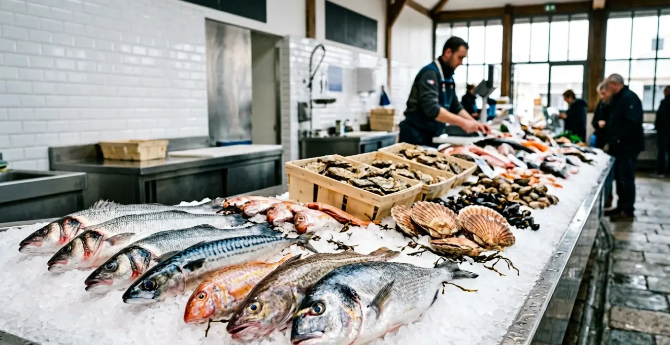 Étal de poissonnerie artisanale normande avec produits de la mer ultra-frais sur glace