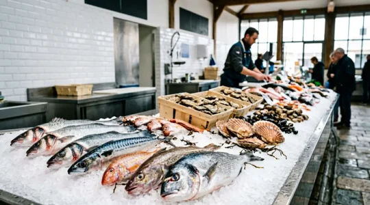 Étal de poissonnerie artisanale normande avec produits de la mer ultra-frais sur glace