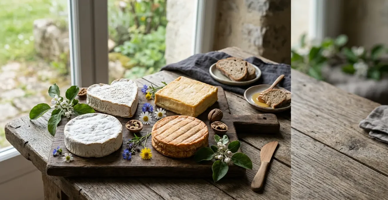 Plateau de dégustation présentant les quatre fromages AOP de Normandie avec des éléments du terroir normand