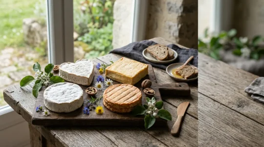 Plateau de dégustation présentant les quatre fromages AOP de Normandie avec des éléments du terroir normand
