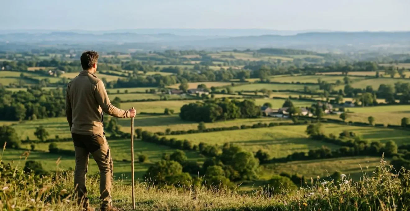 Vue panoramique d'un randonneur contemplant le paysage bocager vallonné de Normandie depuis un belvédère
