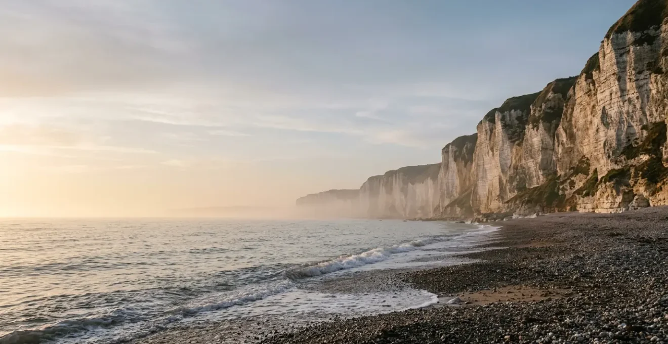 Vue contemplative sur la côte normande au crépuscule, incarnant le repos et la reconnexion à soi